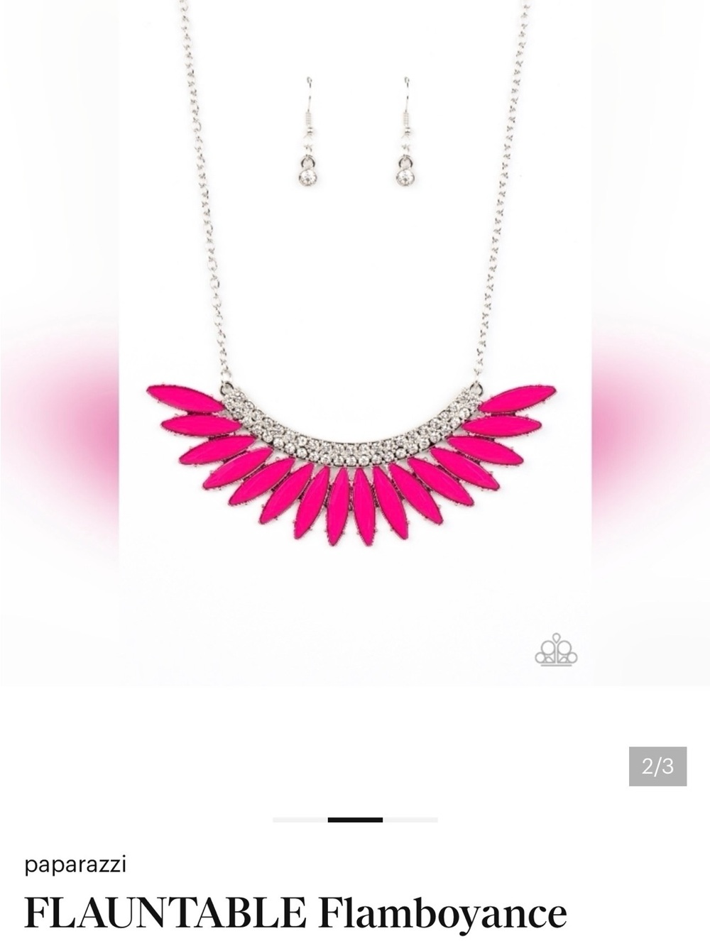 paparazzi Hot Pink and Silver Fan Statement Necklace & earring set new.